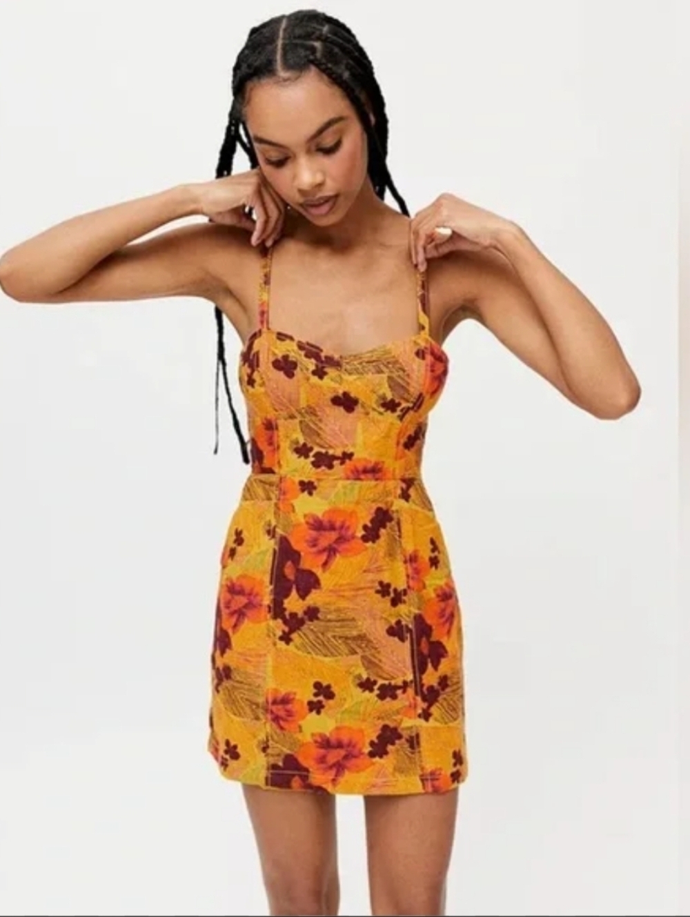 Urban Outfitters Yellow Floral Linen Mini Dress with Orange & Maroon Print Size